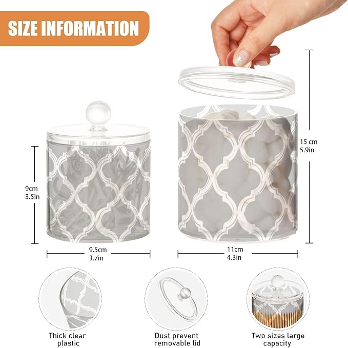 2 Pack Qtip Dispenser Apothecary Jars with Lids Cotton Round Holder Bathroom Canisters for Cotton Swab Floss Ball Pads Clear Plastic Decorative Grey Minimalist Quatrefoil