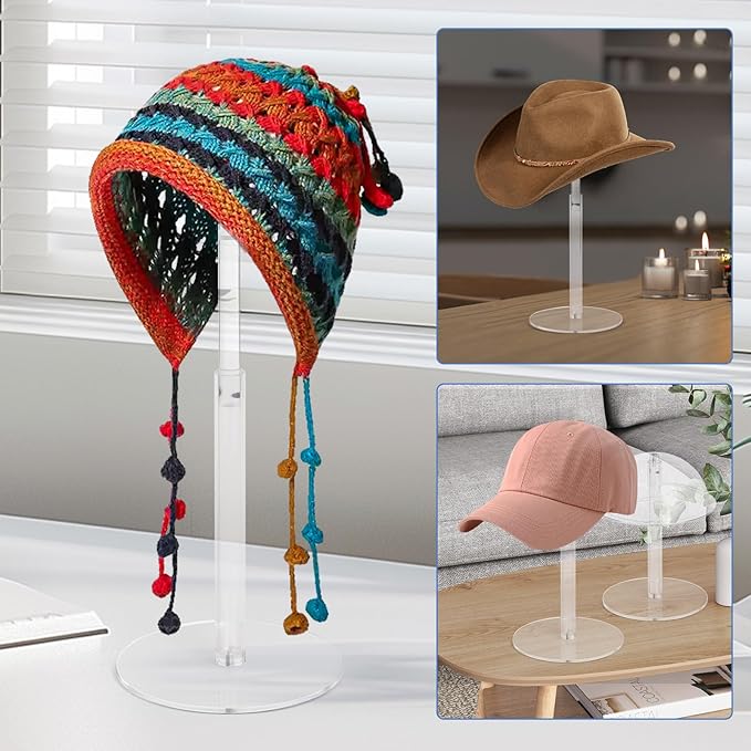 4PCS Acrylic Hat Stand and Wig Display Rack with Height Adjustable, Clear Dome Tabletop Hat Stand Cap, Sun Hat Holder Stand, Cowboy Hat Holder Baseball Cap Rack for Display