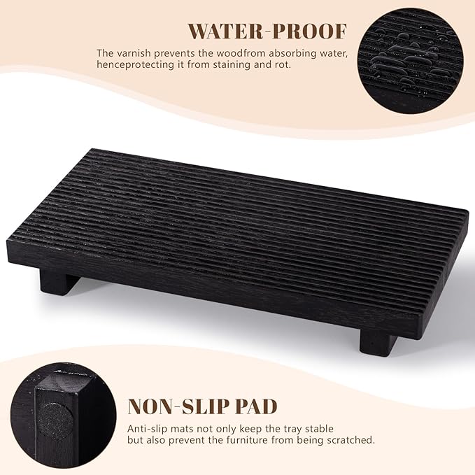 Bathroom Tray Farmhouse Decor Pedestal Stand Wood Riser Display Kitchen Accessories Soap Holder for Sink, Counter, Vanity, 11 * 5.5 Black