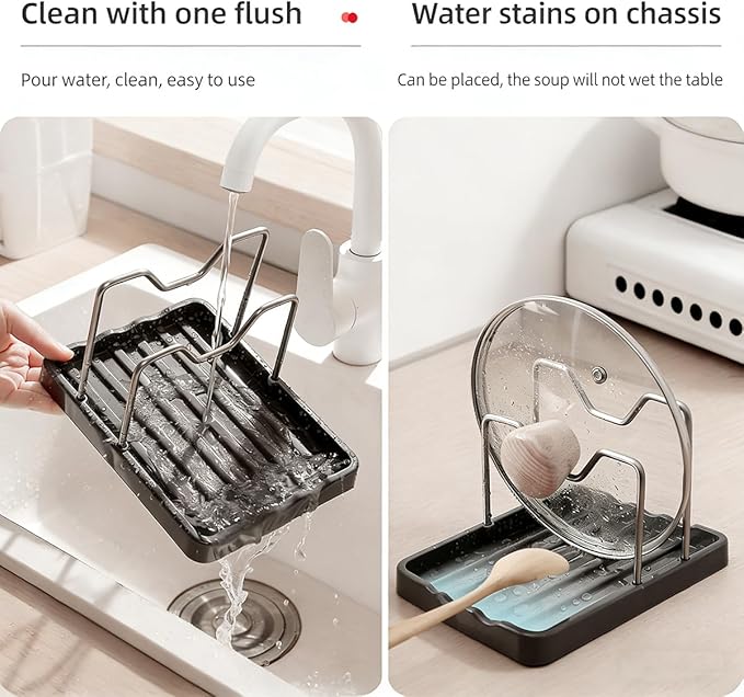 Pot lid Holder And Spoon Rest, 2 Layers Lid And Spoon Rest Pot Lid Organizer With Drip Tray, Multifunction Kitchen Gadget Rack For Cooking (Black)