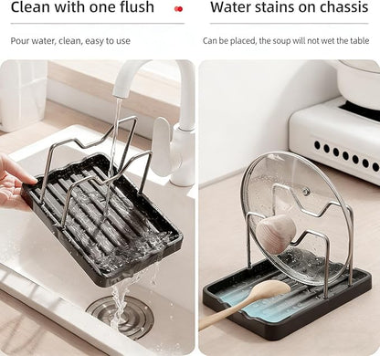 Pot lid Holder And Spoon Rest, 2 Layers Lid And Spoon Rest Pot Lid Organizer With Drip Tray, Multifunction Kitchen Gadget Rack For Cooking (Black)