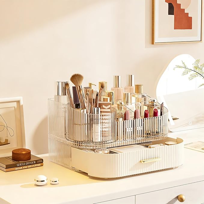 Makeup Organizer with 360° Rotating Brush Holder and Stackable Drawers, Cosmetic Display Case for Vanity, Bathroom Countertop (White, 2 Layer)
