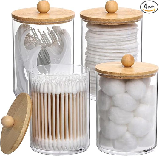 Tbestmax 4 Pack Qtip Holder, 10-Ounce Bathroom Organizer Accessories Storage Containers Clear Plastic Apothecary Jars with Bamboo Lids for Cotton Ball, Cotton Swab, Floss