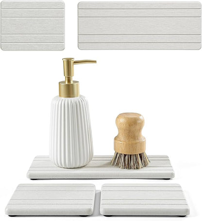 3 Pack Diatomite Stone Sink Tray, Water Absorbing Mat for Kitchen & Bathroom Counter, Quick Dry Soap Dish Makeup Vanity Caddy,Sponge Holder Organizer, Beige - 2pcs of 4.5"x 3.5" and 1pc of 9"x 3.5"