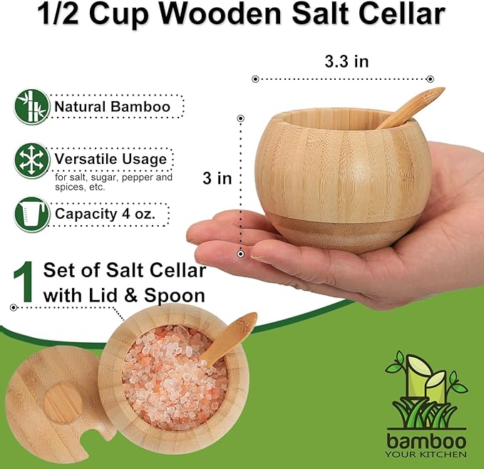 Bamboo Salt Cellar with Lid and Spoon, 1/2 Cup Wooden Spice Box Storage Container for Kitchen and Restaurant Countertop, Organizes Himalayan Pink, Kosher, Sea Salts & Herbs
