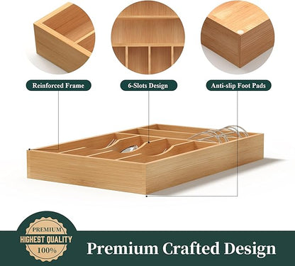 Silverware Organizer, Bamboo Kitchen Drawer Organizer, Utensil Holder, Cutlery Tray & Spoon Flatware Storage with Grooved Drawer Dividers (10''W x 16''D)
