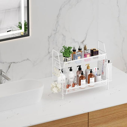 VITVITI 2-Tier Bathroom Organizer Countertop, Metal Wire Mesh Bathroom Counter Organizer Storage with Basket Hooks, Vanity Tray Shelf, Kitchen Spice Rack, White