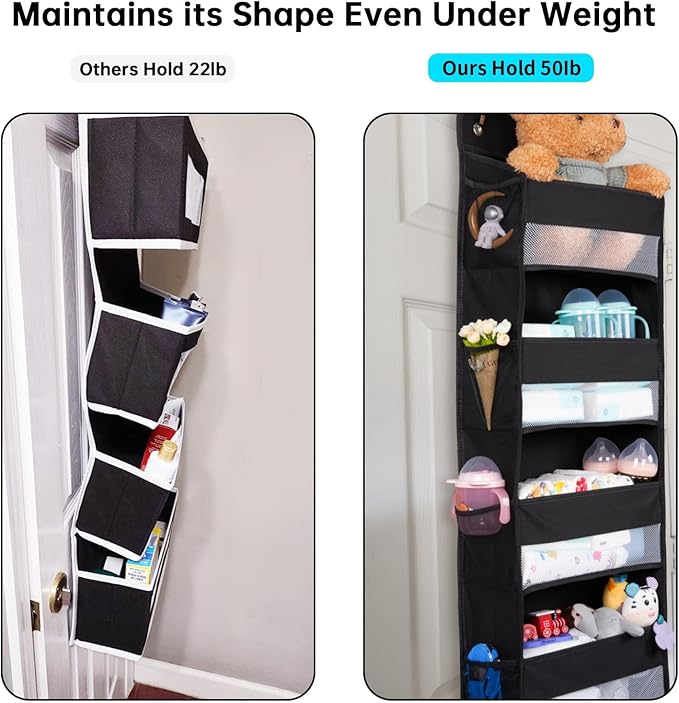 WishJazz Premium Over The Door Organizer 6 Large Pockets, 150D Extra Thick,50 lbs Hanging Organizer Storage, Behind Door Closet Organizer and Storage for Nursery, Bedroom, Bathroom, Black