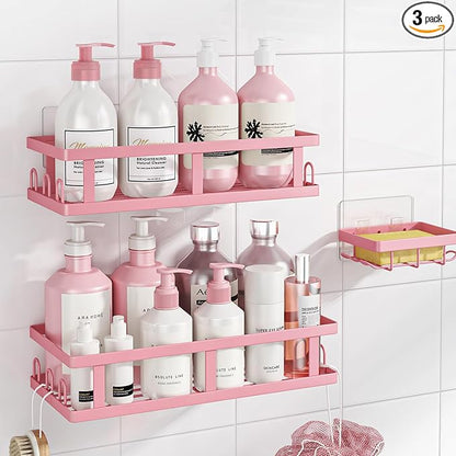 Youvip Shower Caddy Adhesive,No Drill Bathroom Organizer,Large Capacity Rustproof Shelves for Inside Shower,Bathroom Organizers and Storage,Pink