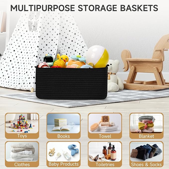 3-Pack Storage Baskets for Organizing | Woven Shelf Toy Basket | Rope Baskets for Gifts Empty | Closet Organizer Bins with Handles | Cube Decorative Box | 13.7×7.1×6.7” | Mixed Black