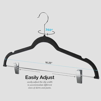 Home-it Pants Hangers With Clips 10 Pack - Black Velvet Non Slip Space-Saving for Pants, Skirts, Coats, Dresses, Tank Tops, Clothes - Felt Ultra Thin
