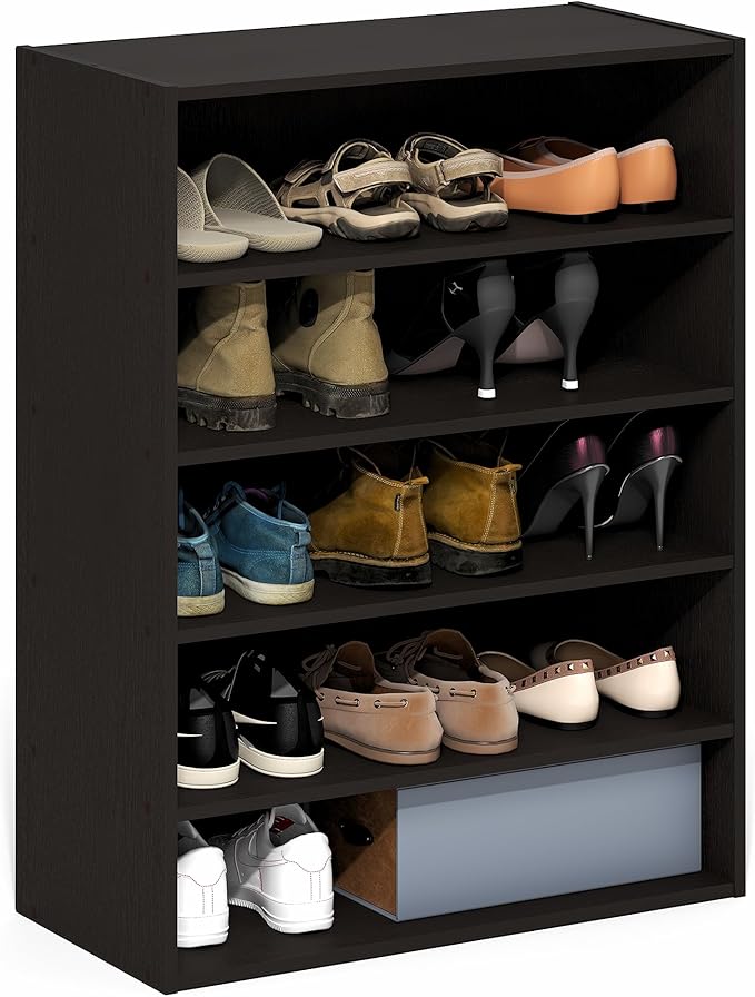 Furinno FANO Shoe Rack, 5-Tier Shoe Organizer, Stackable Shoe Storage, 11.4 x 24.2 x 31.5, for Closet Entryway, Office, Garage, Black Dark Oak
