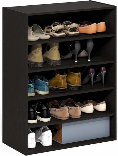 Furinno FANO Shoe Rack, 5-Tier Shoe Organizer, Stackable Shoe Storage, 11.4 x 24.2 x 31.5, for Closet Entryway, Office, Garage, Black Dark Oak