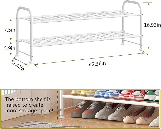 LINZINAR Shoe Rack Long 2 Tier Shoe Storage Organizer Metal Wide Shoe Shelf for Closet Entryway Bedroom 18 Paris Large Capacity, White
