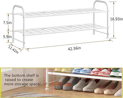 LINZINAR Shoe Rack Long 2 Tier Shoe Storage Organizer Metal Wide Shoe Shelf for Closet Entryway Bedroom 18 Paris Large Capacity, White