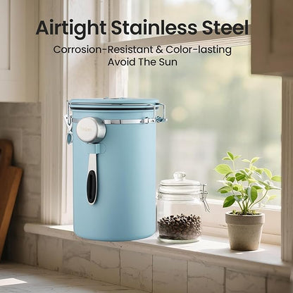 Veken Coffee Canister, 39OZ Large, Airtight Stainless Steel Food Storage Container for 2.2lbs Coffee Beans, Ground, Sugar, Tea, Cookie, Flour, Kitchen Bar Accessories with Date Tracker & Scoop, Blue