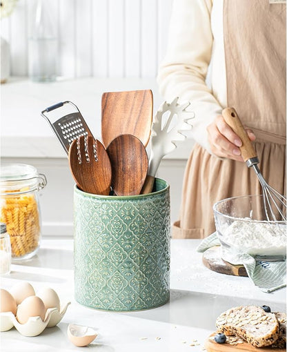 Kitchen Utensil Holder, 6x7 inch Large Ceramic Utensil Holder with Embossed Pattern, Cooking Utensil Crocks for Kitchen Countertop, Home Decor, Forest Green