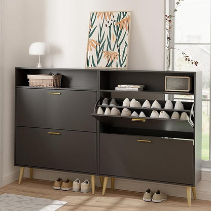 LYNSOM Shoe Cabinet, Free Standing Tipping Bucket Shoe Rack Organizer with 2 Flip Drawers, Modern Entryway Shoe Storage with Top Display, Narrow Slim Hidden Shoe Cabinet (Black)