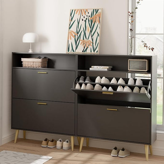 LYNSOM Shoe Cabinet Set of 2, Free Standing Tipping Bucket Shoe Rack Organizer with 2 Flip Drawers, Modern Entryway Shoe Storage with Top Display, Narrow Slim Hidden Shoe Cabinet (Black)