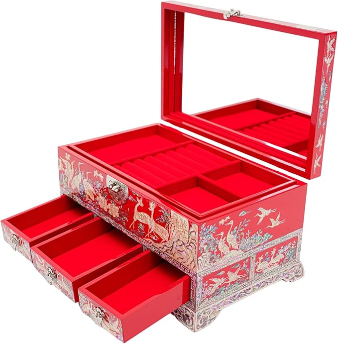 February Mountain Lockable Korean Mother-of-Pearl Jewelry Box - Najeon Chilgi Lacquerware with Crane and Floral Design, Vibrant Red Finish, Handmade