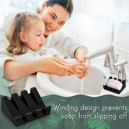 Cunhill 2 Pieces Silicone Soap Dish Self Draining Soap Dish Shower Waterfall Bar Soap Holder Tray with Drain Soap Saver for Kitchen Bathroom Accessories (Black)