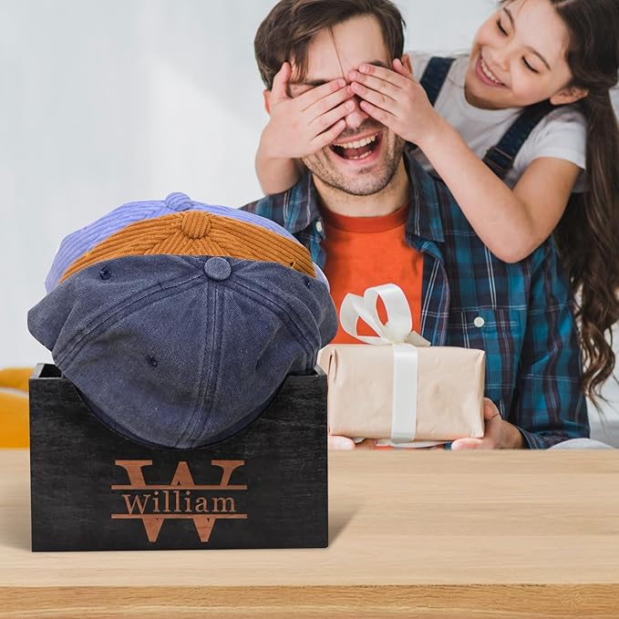 TNYKER Custom Hat Holder, Engraved Wooden Hat Rack for Dad, Personalized Name Design Hat Organizer for Wall Closet Storage, Baseball Cap Organizer Hat Box, Custom Gifts for Men Father Grandpa Husband