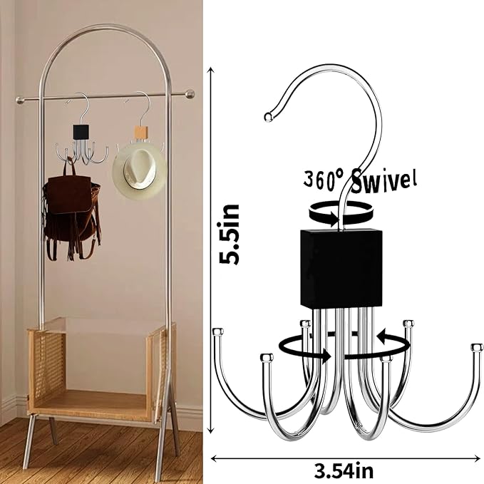 2pcs 360° Rotating 6-Claw Multi-Function Hook Closet Hanging Organizer Hangers for Clothes Hats Scarves Belts, Stainless Steel Rotary Hook Hanger for Kitchen Bathroom Office Home Storage Rack (Black)