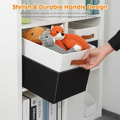 ShellKingdom Storage Bins, Two-Tone Foldable Fabric Storage Cubes with Leather Handle for Closet Toys Clothes Storage Organizer Drawer, 10.5 X 10.5 X 11 inch, 2 Pack (White/Black)
