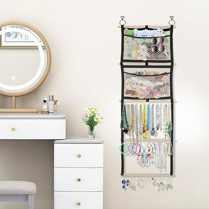 Bow Organizer for Girls, 17x50in Baby Headband Bow Holder W/ 2 Mesh Pockets & 36 Hooks, Bow Hanger for Girls Hair Bows Clip, Wall Hanging Hair Accessories Storage for Toddler Nursery Decor(Black)