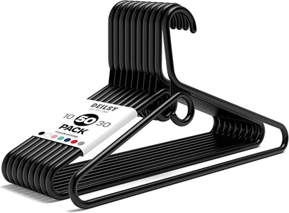 DEILSY™ Black Heavy Duty Hangers with Hooks for Scarves & Belts – Thick and Strong Clothes Hangers for Shirts, Jackets, Pants, and Dresses – Space-Saving Plastic Hangers – Pack of 50