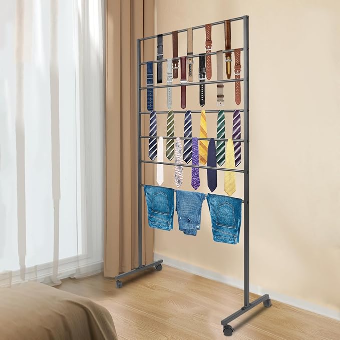 7 Tiers Rolling Display Tie & Scarf Rack Towel Belt Pants Hangers Ribbon Organizer Hijab Stand, Floor Standing Tie Scarves Hanging Rack Necktie Holder for Home Commercial Clothing Retail Store