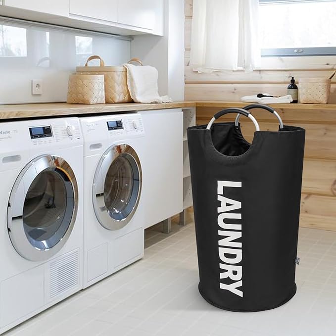 DOKEHOM 90L Large Laundry Basket, Collapsible Laundry Bag, Freestanding Tall Clothes Hamper, Foldable Washing Bin (Black)