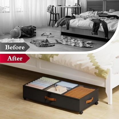 Yecaye Under Bed Storage with Wheels, 2 Pack Under Bed Storage Containers with Adjustable Dividers & Clear Window, Rolling Underbed Organizer Bins Drawers for Clothes, Shoes, Blankets, Black