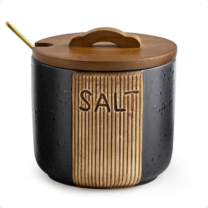 Salt Container for Countertop, Ceramic Salt Cellar with Lid & Spoon, Farmhouse Salt Bowl for Mother's Day, 10 OZ, Black
