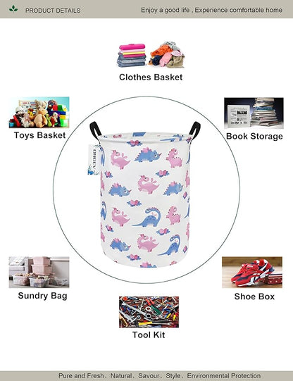 Round waterproof laundry basket,foldable storage basket,laundry Hampers with handle,gift basket,suitable for children's room and toy storage (Pink Dinosaur)