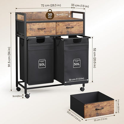 Mondeer Laundry Sorter with 2 Drawers, 100L with Pull-Out Removable Laundry Bags, Laundry Hamper Baskets with 2 Section and Wheels, Rustic Brown and Black
