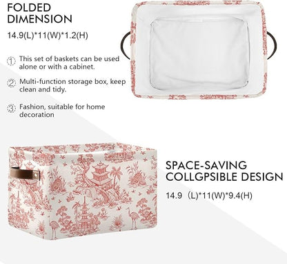 Chinoiserie Style Storage Baskets,Decorative Collapsible Rectangular Canvas Fabric Storage Bin for Home