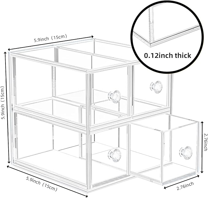 Clear Acrylic Makeup Organizer with 2 Drawer Trays, Cosmetic Storage for Bedroom, Bathroom, Countertop, Dresser (Medium, 2)