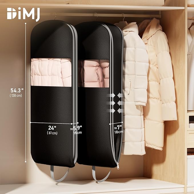 DIMJ 3 Pack 43" Garment Bags for Hanging Clothes - Space Saving Compression Suit Bag Travel with Handles Window, Washable Carry Clothing Storage Cover for Dress, Coats, Down Jacket, Shirts