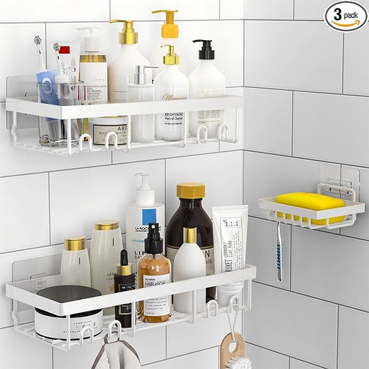 Moforoco 3-Pack Shower Caddy Basket Shelf with Soap Holder, No Drilling Traceless Adhesive Shower Wall Shelves, Rustproof White Bathroom Shower Storage Organizer