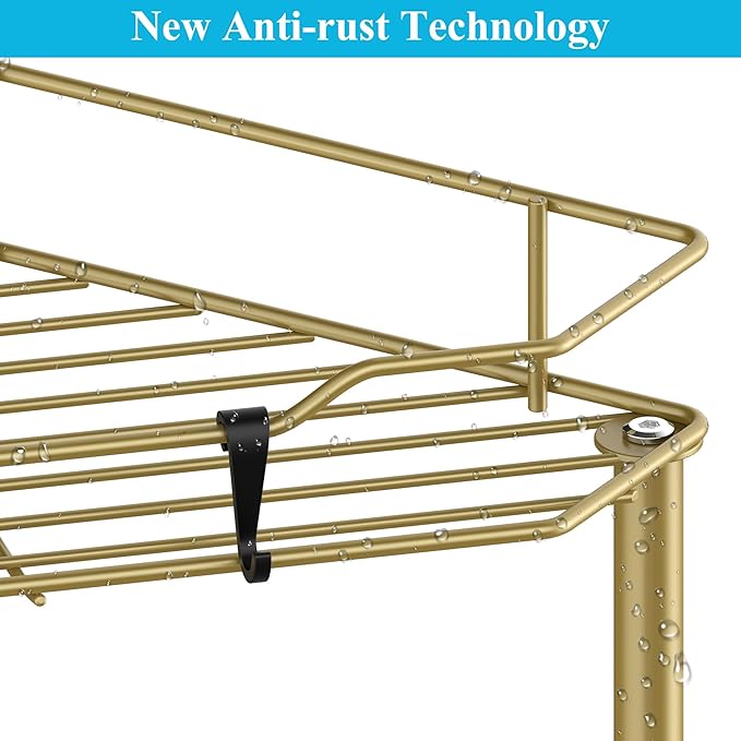 HuggieGems 4 Tier Floor Standing Corner Shower Caddy Organizer Shelf with Hooks, Bathroom Shelves Stand Rack, Gold