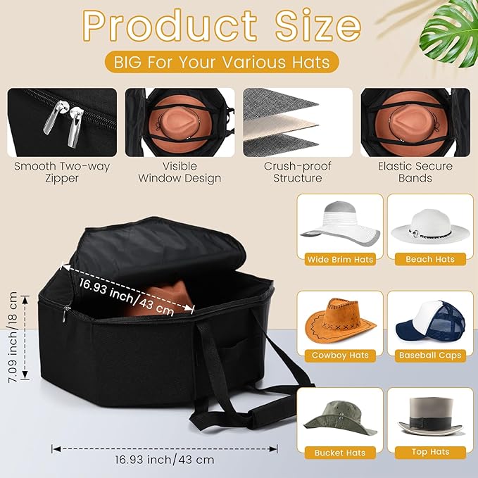 Wonderjune 2 Pcs Cowboy Hat Box for Storage Collapsible Sturdy Cowboy Hat Case with Handle for Men and Women Travel Storage Organizer Large Cap Bag for Closet(Black)