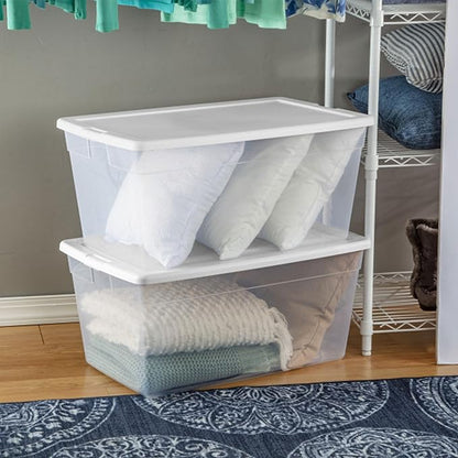 Sterilite 12-Pack 90 Quart Storage Box, Stackable Clear Plastic Bins with Snap-On Lids - Heavy-Duty Organizing Containers for Closet, Bathroom, and Office