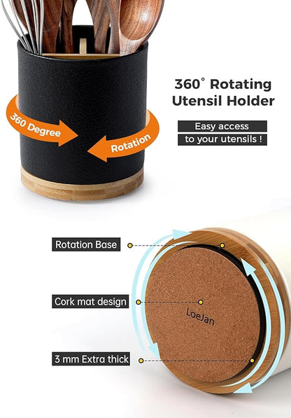 LoeJan 3 Compartment Utensil Holder, Extra Large Utensil Crock, Stable Ceramic Utensil Organizer, Cooking Tool Organizer Set for Kitchen Counter Farmhouse Decor,Textured Black