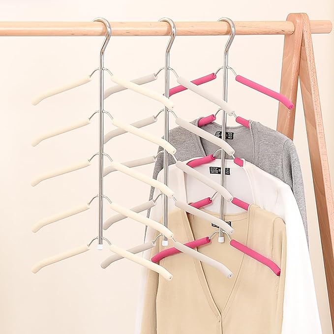3-Pack 5-in-1 Space Saving Blouse Hangers - Non-Slip Padded Swing Arm Coat Hangers, Heavy Duty Stainless Steel for Shirts & Sweaters (White)