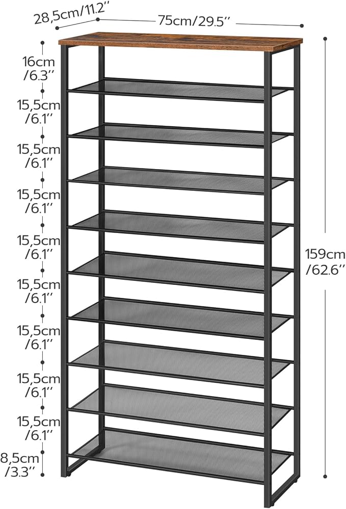 HOOBRO 10-Tier Shoe Rack for Entryway, 29.5" L Shoe Storage Organizer, Large Capacity Shoe Shelf for Closet, Front Door Entrance, Hallway, Holds 36-40 Pairs of Shoes, Rustic Brown and Black BF107XJ01