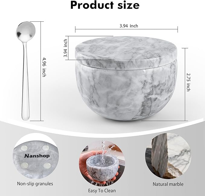 Marble Salt Shaker, Salt Shakers for Kitchen, Salt and Pepper Shaker（Lid And Spoon）, Sugar Bowl, Suitable for Salt and Pepper, Coffee Beans and kitchen counter decor,Cloudy White（NS048）