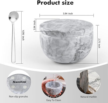 Marble Salt Shaker, Salt Shakers for Kitchen, Salt and Pepper Shaker（Lid And Spoon）, Sugar Bowl, Suitable for Salt and Pepper, Coffee Beans and kitchen counter decor,Cloudy White（NS048）