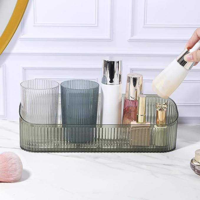DASITON Makeup Brush Holder Organizer with 4 Cup, Vintage Striped Make Up Brush Holder for Vanity, Bathroom Toothbrush Holders, Acrylic Cosmetic Brushes Storage Organizer Pen Holder (Green+Multicolor)