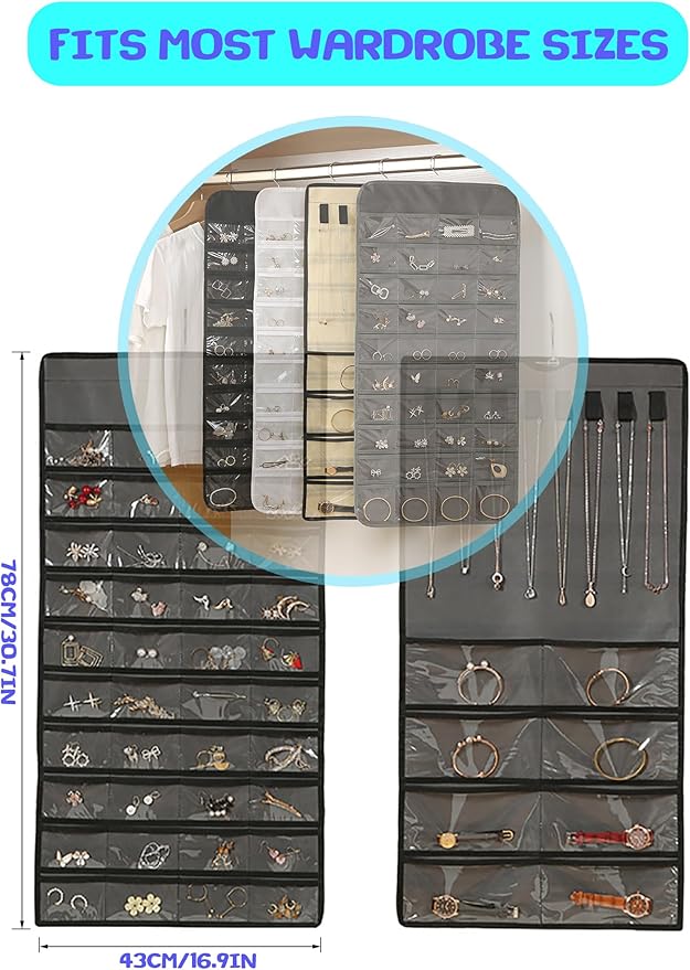 ONEPEACE Hanging Jewelry Organizer: Necklace & Earring Holder with Pockets for Closet, Wall or Door (Beige)